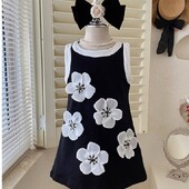 Nauja mergaičių juoda princesiška suknelė be rankovių, vasarinė Hepburn stiliaus trimatės gėlės, vaikiškos apatinės marškinių suknelės, kūdikių suknelės