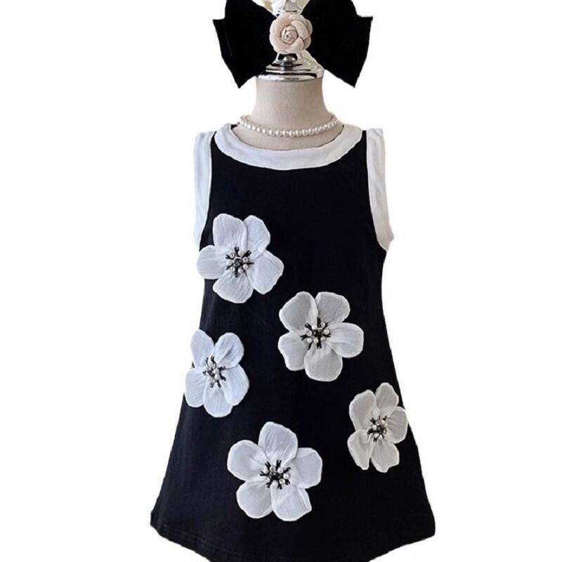 Nauja mergaičių juoda princesiška suknelė be rankovių, vasarinė Hepburn stiliaus trimatės gėlės, vaikiškos apatinės marškinių suknelės, kūdikių suknelės