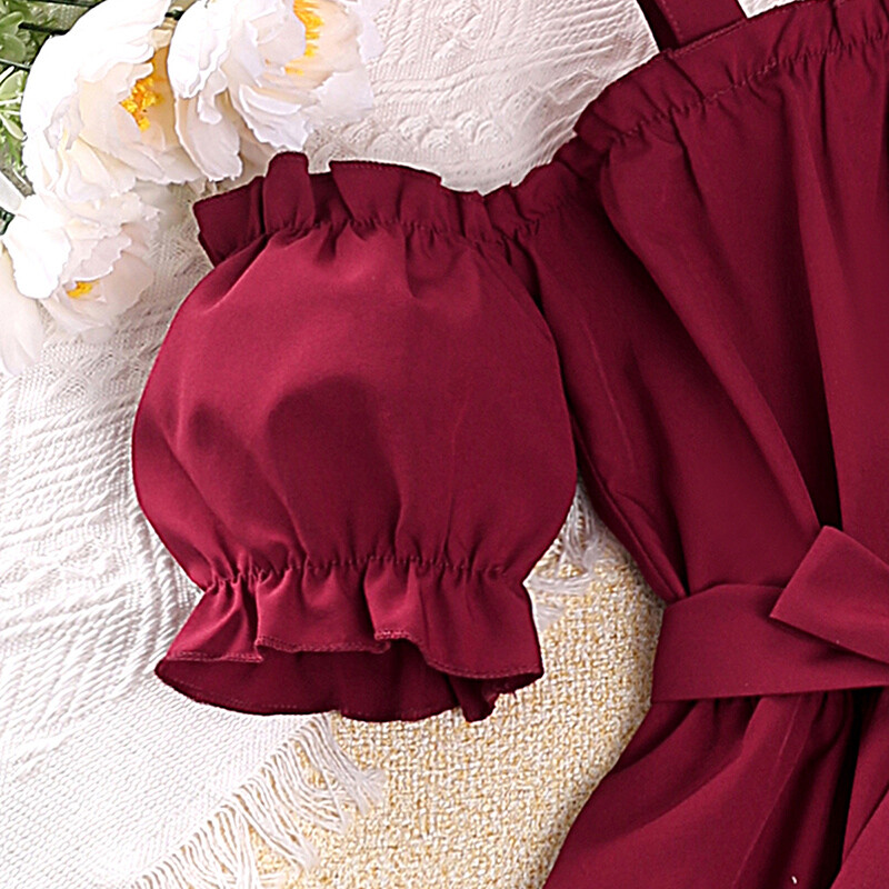 Rochie de vară pentru fete, poliester, bretele, fără umăr, mânecă lanternă, dantelă, culoare uni, cu șireturi, fustă dublă în formă de A până la genunchi