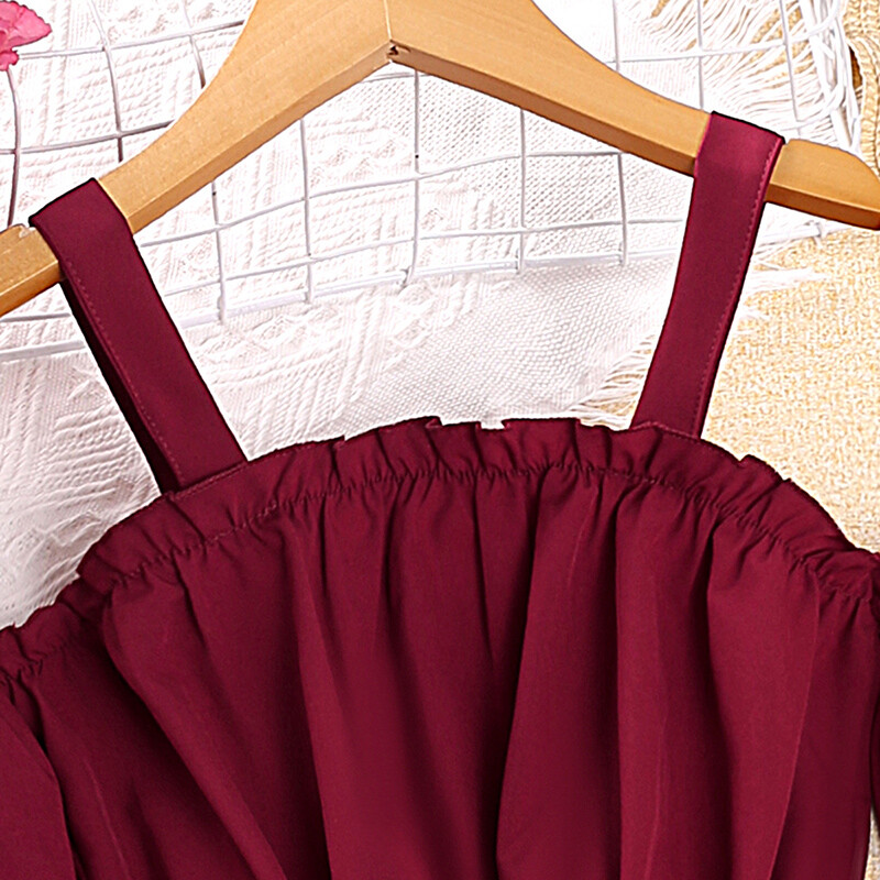 Rochie de vară pentru fete, poliester, bretele, fără umăr, mânecă lanternă, dantelă, culoare uni, cu șireturi, fustă dublă în formă de A până la genunchi