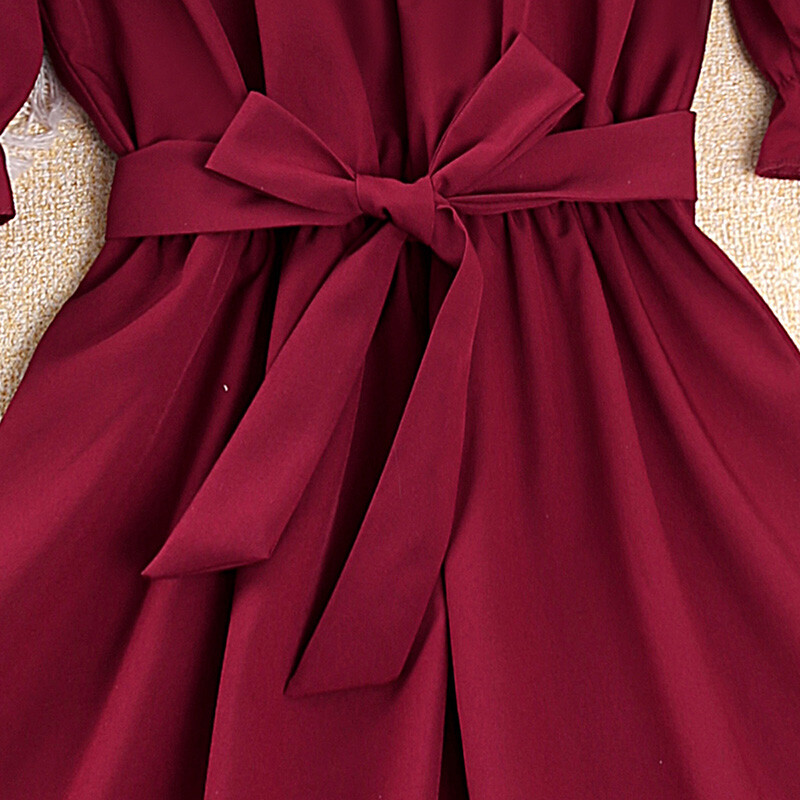 Rochie de vară pentru fete, poliester, bretele, fără umăr, mânecă lanternă, dantelă, culoare uni, cu șireturi, fustă dublă în formă de A până la genunchi