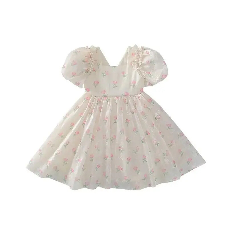 Vasarinė mergaitės suknelė trumpomis rankovėmis, skirta vaikiškam pasirodymui Dėvėkite didelę lanką nugaroje Suknelė su gėlėmis, miela princesės suknelė