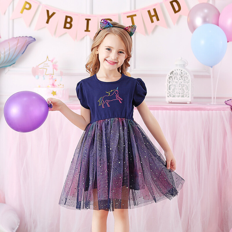 VIKITA Rochie de vară cu mânecă scurtă pentru fete Rochii de desene animate cu unicorn pentru copii, ocazional, la școală, petrecere de aniversare, rochii prințesă din plasă
