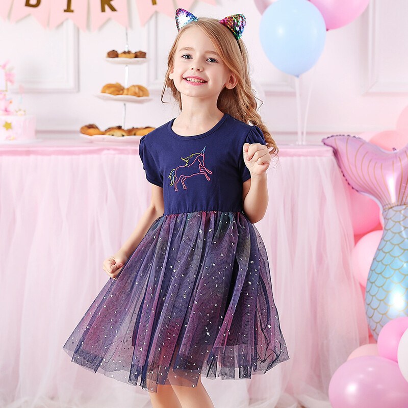 VIKITA Rochie de vară cu mânecă scurtă pentru fete Rochii de desene animate cu unicorn pentru copii, ocazional, la școală, petrecere de aniversare, rochii prințesă din plasă