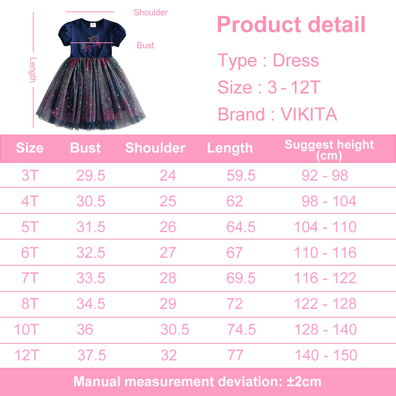 VIKITA Rochie de vară cu mânecă scurtă pentru fete Rochii de desene animate cu unicorn pentru copii, ocazional, la școală, petrecere de aniversare, rochii prințesă din plasă