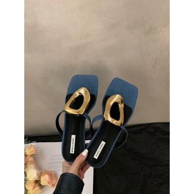 2024. aasta uus bränd, suvine naiste hõbedased sussid, mood, elegantsed metallist kaunistused, slaidid kingad naistele õues, paksu kontsaga sandaalid