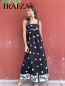 TRAFZA naiste vintage trükisega ruudukujuline kaelusega midikleit vabaaja varrukateta seljata pikad kleidid naiste suve õhuke pühadekleit