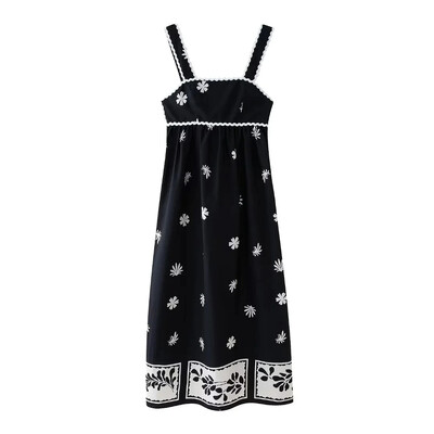 TRAFZA naiste vintage trükisega ruudukujuline kaelusega midikleit vabaaja varrukateta seljata pikad kleidid naiste suve õhuke pühadekleit