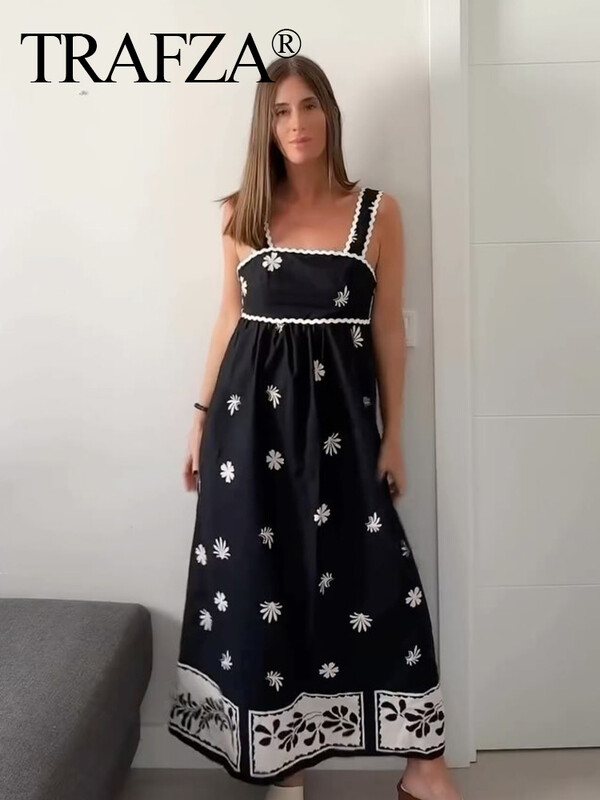 TRAFZA naiste vintage trükisega ruudukujuline kaelusega midikleit vabaaja varrukateta seljata pikad kleidid naiste suve õhuke pühadekleit