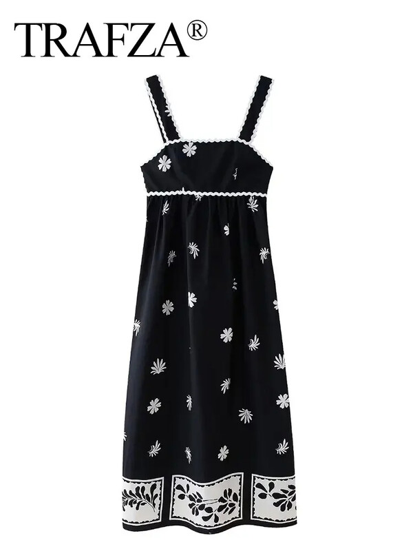 TRAFZA naiste vintage trükisega ruudukujuline kaelusega midikleit vabaaja varrukateta seljata pikad kleidid naiste suve õhuke pühadekleit