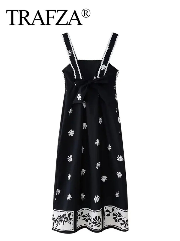 TRAFZA naiste vintage trükisega ruudukujuline kaelusega midikleit vabaaja varrukateta seljata pikad kleidid naiste suve õhuke pühadekleit