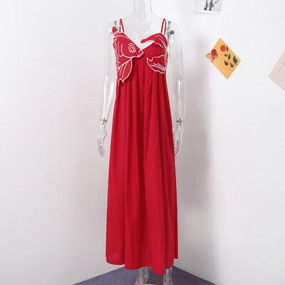 Rochii de damă în formă de pește cu broderie roșie, rochie pliată fără mâneci, fără mâneci, 2024 de vară șic, haină de vacanță pentru doamnă