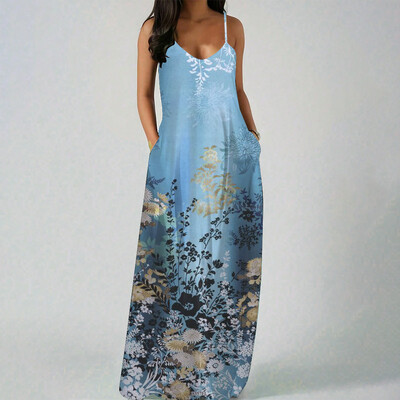 Απλό και κομψό γυναικείο φόρεμα παραλίας Σταδιακή αλλαγή χρωμάτων Εκτύπωση μόδας καλοκαιρινά φορέματα 2024 Sling μακριά φορέματα