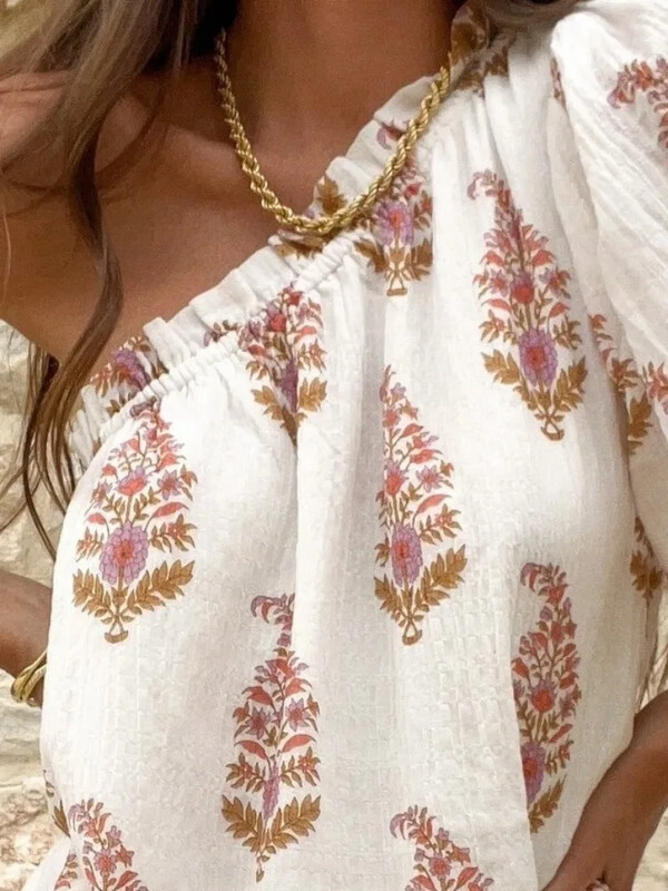 Naiste mood Kevad/suvi lihtsa taimse trükiga plisseeritud kleit, diagonaalne õlalaternate varrukatega kleit, vabaaja kleit