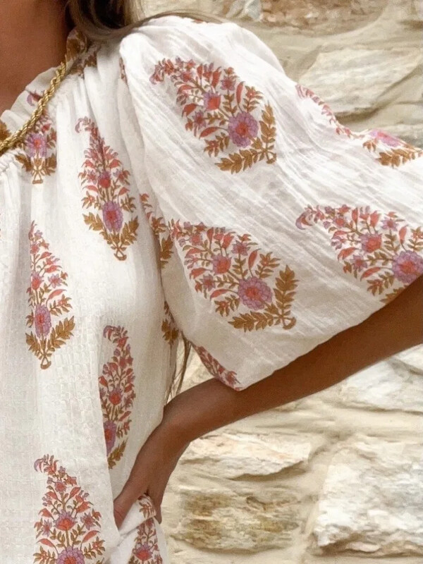 Naiste mood Kevad/suvi lihtsa taimse trükiga plisseeritud kleit, diagonaalne õlalaternate varrukatega kleit, vabaaja kleit