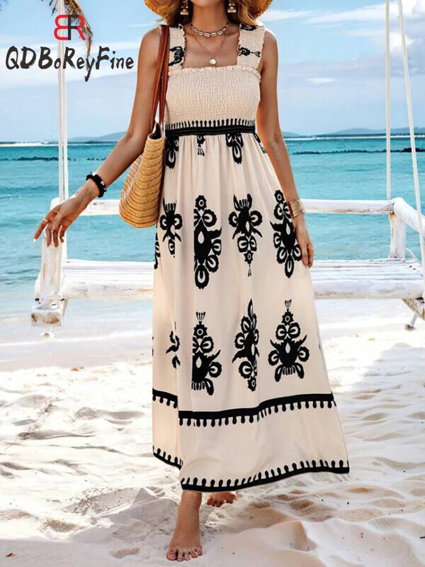 Rochie de vară pentru femei cu bretele imprimate cu talie înaltă Rochie de plajă sexy fără spate Robe noi de vacanță Rochii maxi în linie A pentru femei 2024