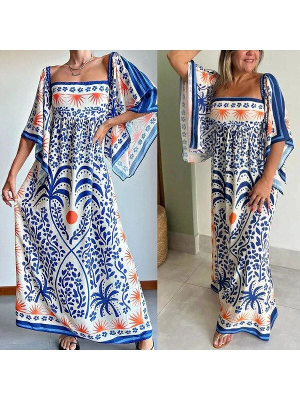 Ljetna nova ženska haljina s jednim izrezom u etničkom stilu s šišmiš rukavima INS ležerna haljina za odmor na plaži široka duga haljina