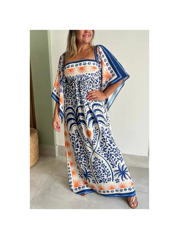Ljetna nova ženska haljina s jednim izrezom u etničkom stilu s šišmiš rukavima INS ležerna haljina za odmor na plaži široka duga haljina