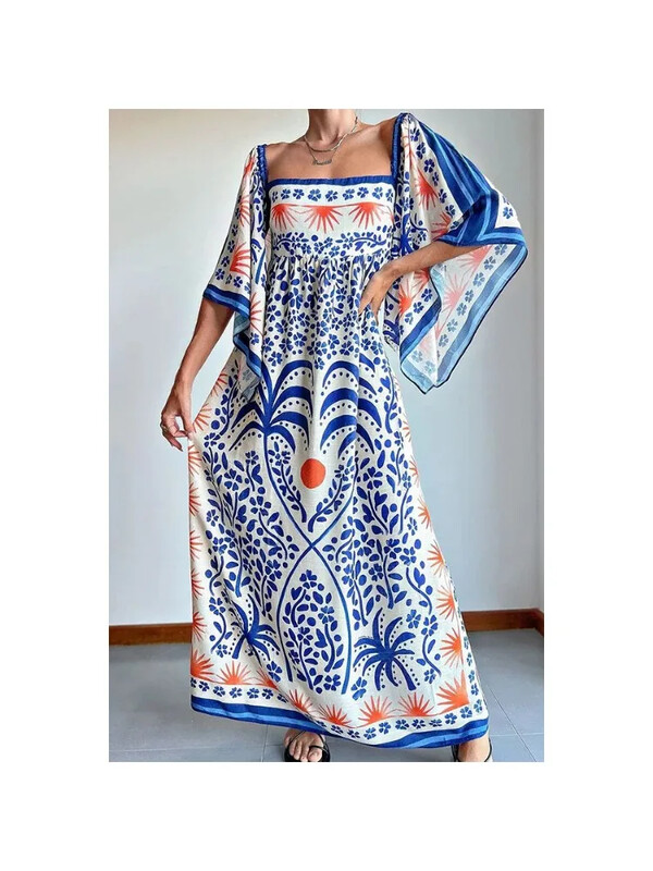 Ljetna nova ženska haljina s jednim izrezom u etničkom stilu s šišmiš rukavima INS ležerna haljina za odmor na plaži široka duga haljina