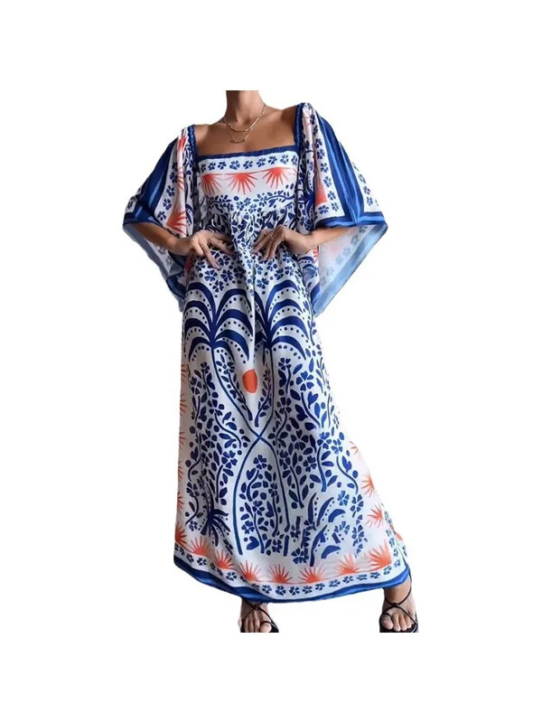 Ljetna nova ženska haljina s jednim izrezom u etničkom stilu s šišmiš rukavima INS ležerna haljina za odmor na plaži široka duga haljina