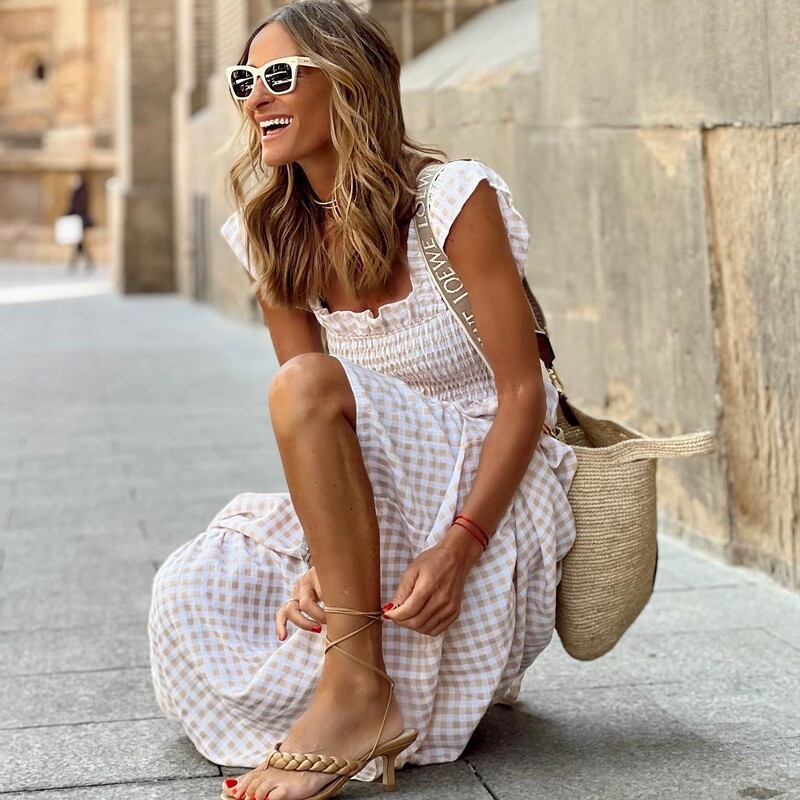 Ruudukaelusega Prantsuse volangidega rihmakleit elastne kõrge vöökohaga õhuke suur kiik suvine armas vabaaja ruuduline kleit pühade naiste kleit