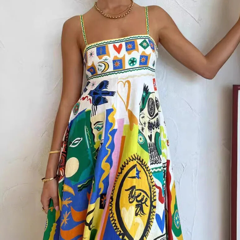 Amazon 2024, vară, nou stil european, fără mâneci, imprimate, colorate, cu talie înaltă, îmbrăcăminte pentru femei, rochie de tank supradimensionată