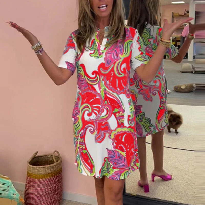 Suvise mustriga print V-kaelusega lühike kleit Uus vabaaja lühikeste varrukatega pullover-kleit Moodne temperamendiga töölkäimise avar sirge kleit