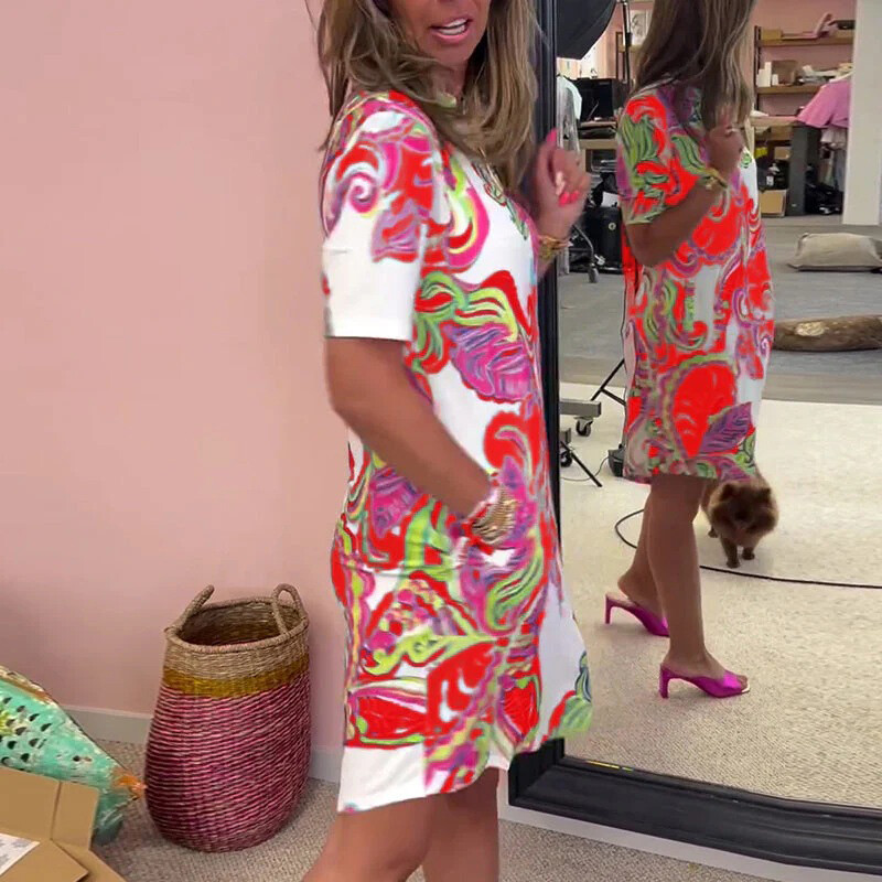 Suvise mustriga print V-kaelusega lühike kleit Uus vabaaja lühikeste varrukatega pullover-kleit Moodne temperamendiga töölkäimise avar sirge kleit