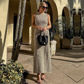 Moteriška vintažinė dryžuota ilga vasarinė suknelė moteriška Elegantiška berankove aukštu juosmeniu raižyti apdarai Maxi Knit paplūdimio suknelė moteriška