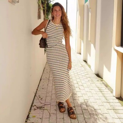 Moteriška vintažinė dryžuota ilga vasarinė suknelė moteriška Elegantiška berankove aukštu juosmeniu raižyti apdarai Maxi Knit paplūdimio suknelė moteriška