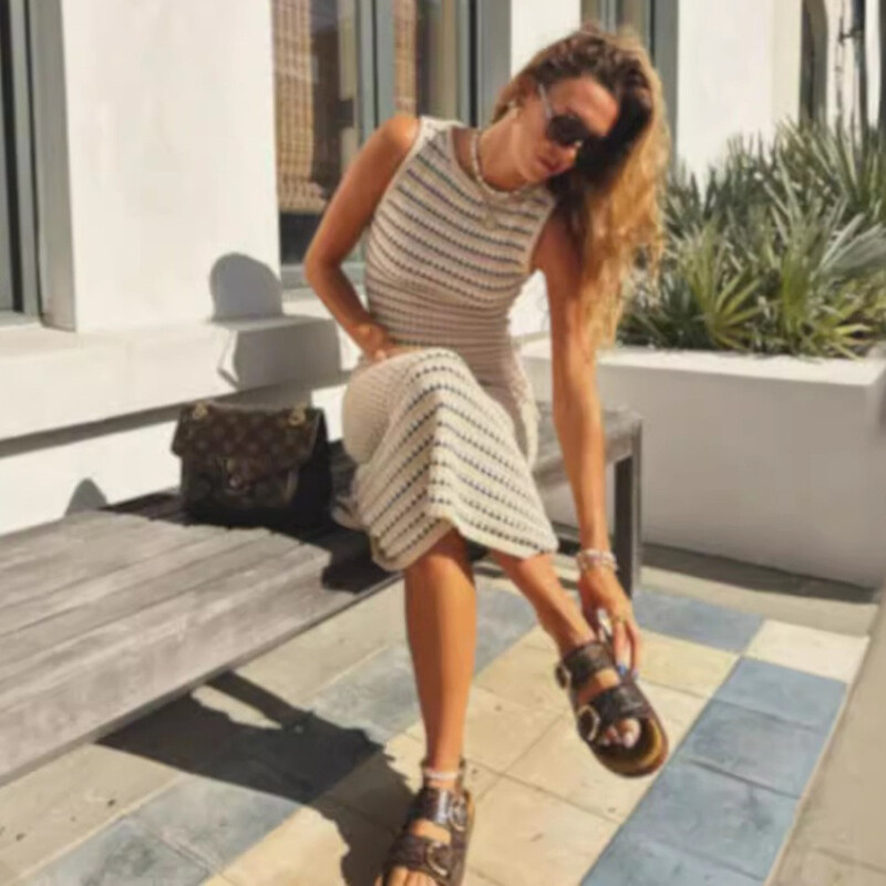 Moteriška vintažinė dryžuota ilga vasarinė suknelė moteriška Elegantiška berankove aukštu juosmeniu raižyti apdarai Maxi Knit paplūdimio suknelė moteriška