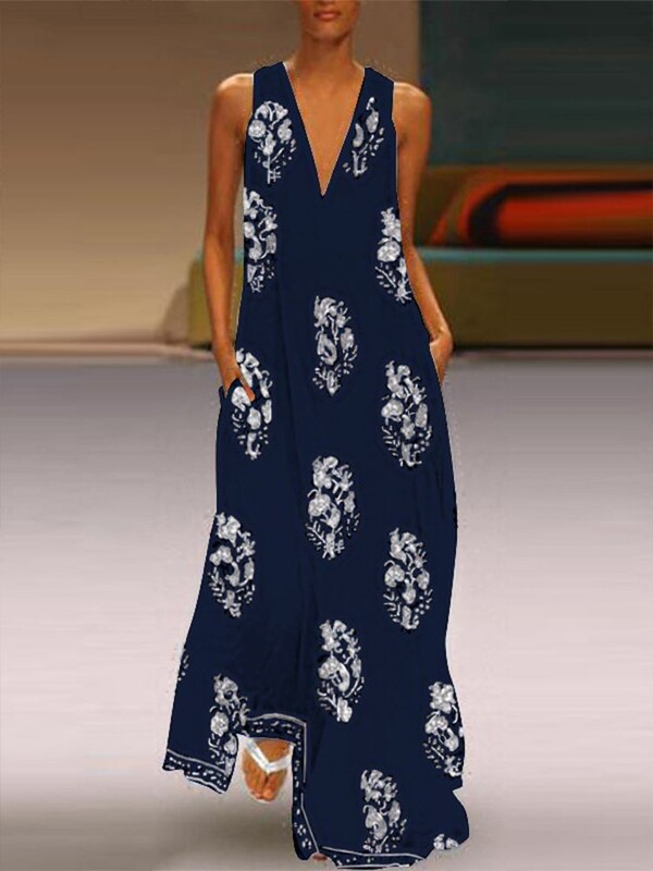Suvine Maxi Kleit Naiste päikesekleit 2024 ZANZEA Mood Seksikas V-kaelusega Varrukateta Vestidos Naiste vabaajaprint, pikk rüü Femme