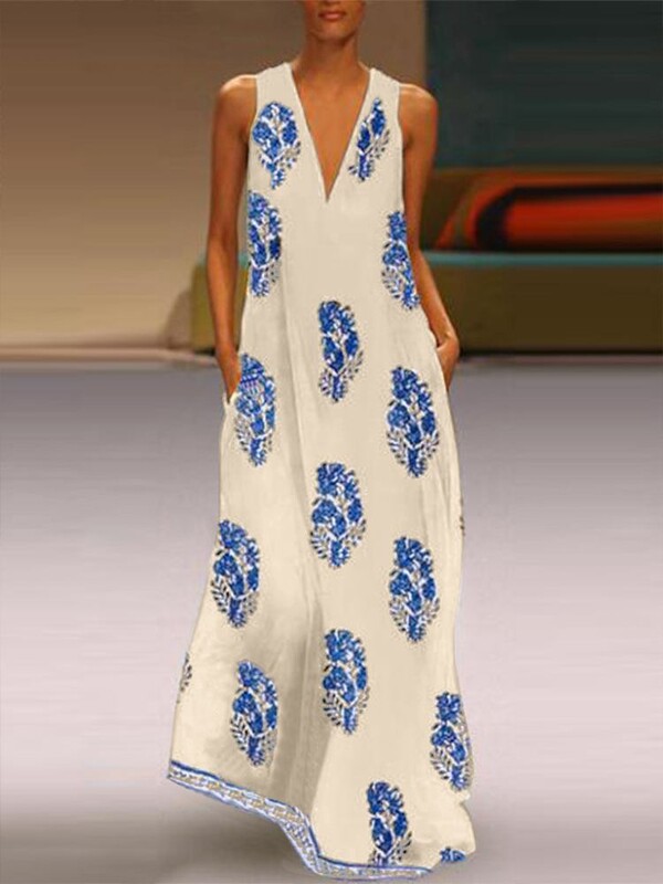 Suvine Maxi Kleit Naiste päikesekleit 2024 ZANZEA Mood Seksikas V-kaelusega Varrukateta Vestidos Naiste vabaajaprint, pikk rüü Femme