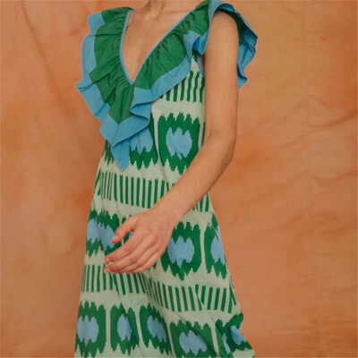 Äärikuga V-kaelusega varrukateta kleit, prinditud värviga kontrast Vestidos naiste uus mood 2024. aasta tänavarõivad, suvised naiste peomantlid Boho