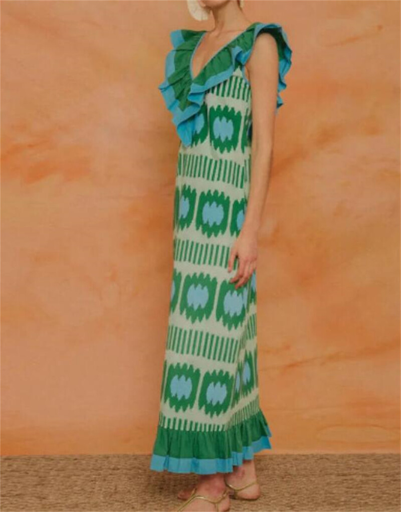 Äärikuga V-kaelusega varrukateta kleit, prinditud värviga kontrast Vestidos naiste uus mood 2024. aasta tänavarõivad, suvised naiste peomantlid Boho