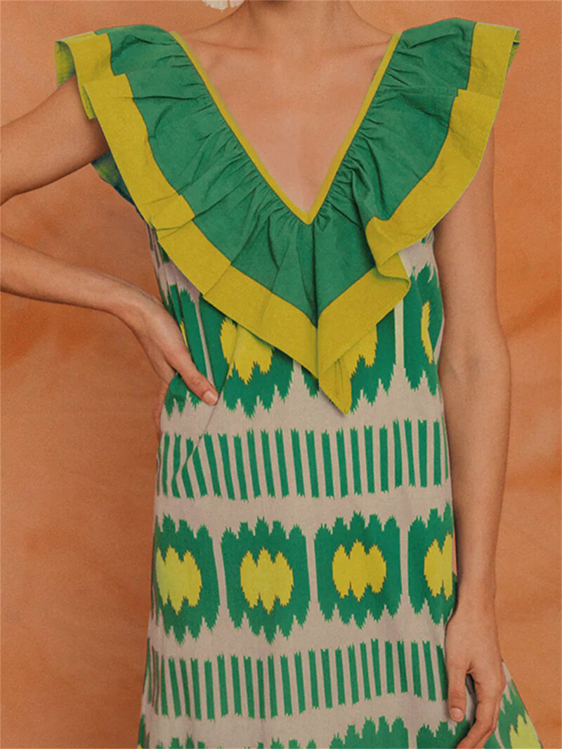 Äärikuga V-kaelusega varrukateta kleit, prinditud värviga kontrast Vestidos naiste uus mood 2024. aasta tänavarõivad, suvised naiste peomantlid Boho