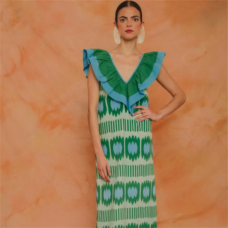 Äärikuga V-kaelusega varrukateta kleit, prinditud värviga kontrast Vestidos naiste uus mood 2024. aasta tänavarõivad, suvised naiste peomantlid Boho