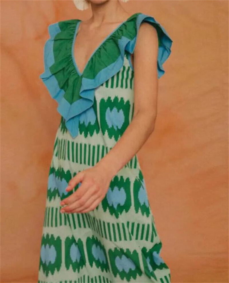 Äärikuga V-kaelusega varrukateta kleit, prinditud värviga kontrast Vestidos naiste uus mood 2024. aasta tänavarõivad, suvised naiste peomantlid Boho