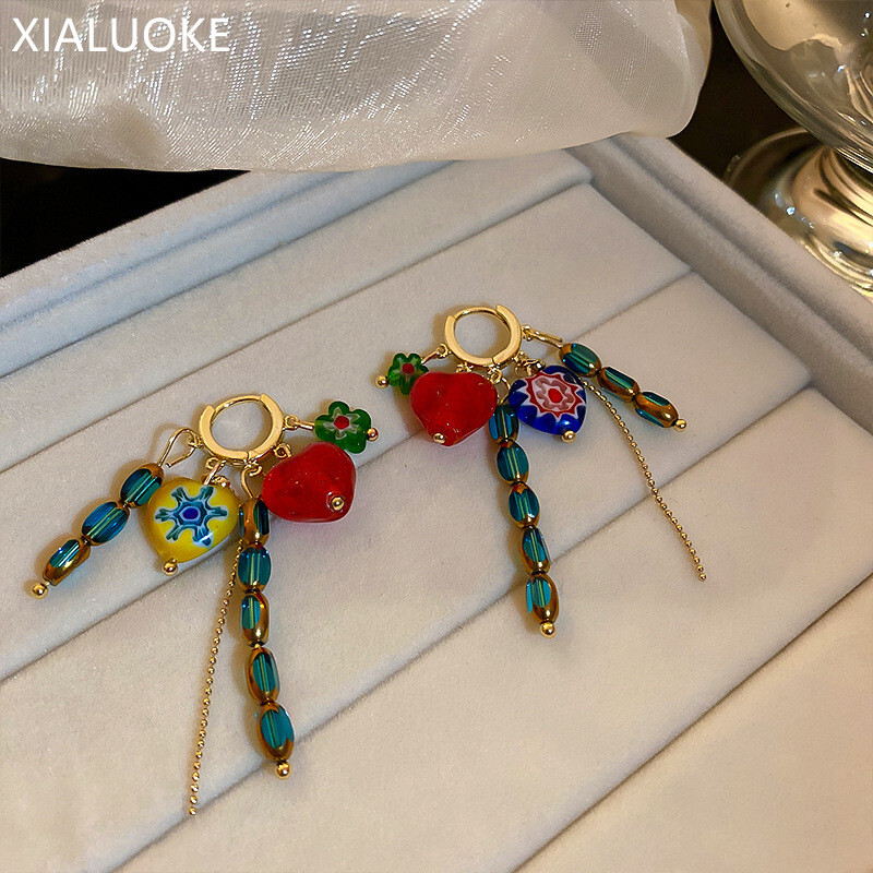 XIALUOKE Geometrijske perle pune boje Srcolike naušnice za uši za žene Bohemijanske naušnice s osobnošću Nakit za zabave