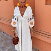 Zatra 2024. aasta suvine ja sügisene naiste uus magus ja seksikas linane V-kaelusega trükitud õõnsa seljata laternata varrukatega kleit