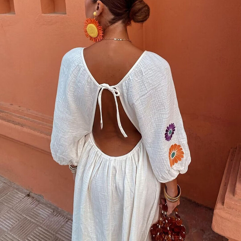 Zatra 2024. aasta suvine ja sügisene naiste uus magus ja seksikas linane V-kaelusega trükitud õõnsa seljata laternata varrukatega kleit