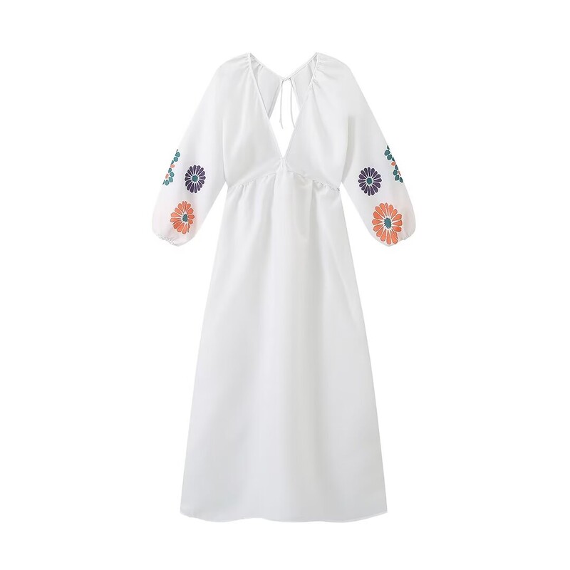 Zatra 2024. aasta suvine ja sügisene naiste uus magus ja seksikas linane V-kaelusega trükitud õõnsa seljata laternata varrukatega kleit