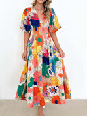 Floral print Puff μανίκι V λαιμόκοψη Casual μάξι καλοκαιρινό φόρεμα