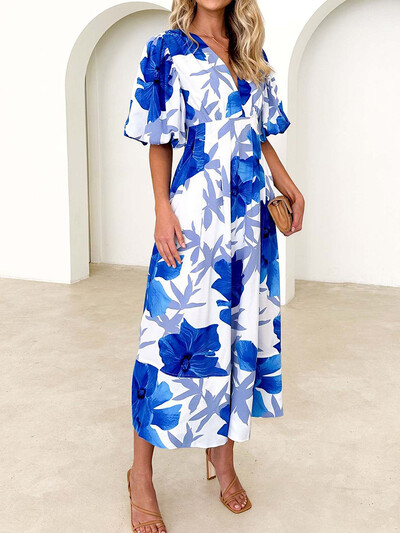 Floral print Puff μανίκι V λαιμόκοψη Casual μάξι καλοκαιρινό φόρεμα