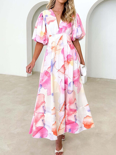 Floral print Puff μανίκι V λαιμόκοψη Casual μάξι καλοκαιρινό φόρεμα
