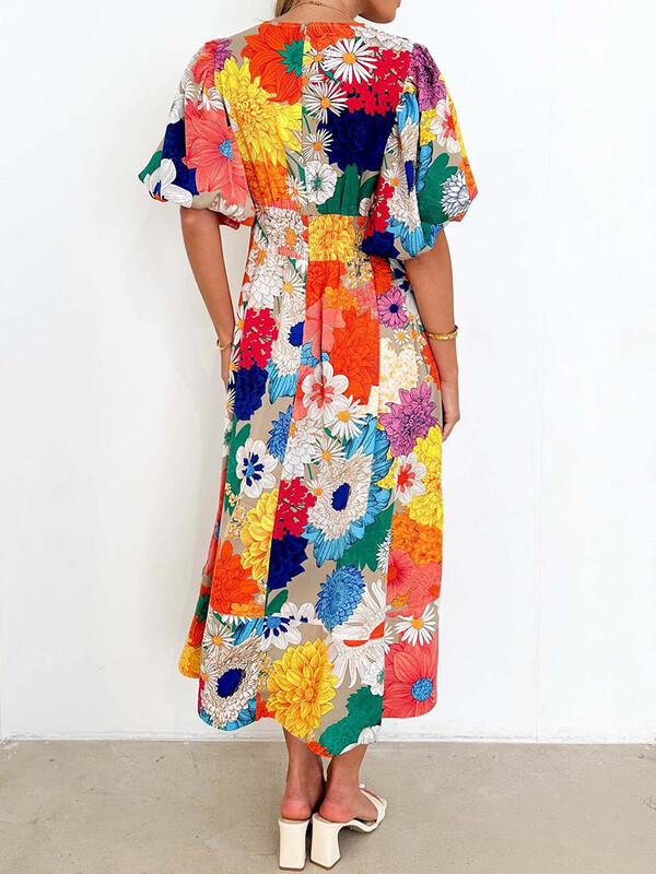 Floral print Puff μανίκι V λαιμόκοψη Casual μάξι καλοκαιρινό φόρεμα
