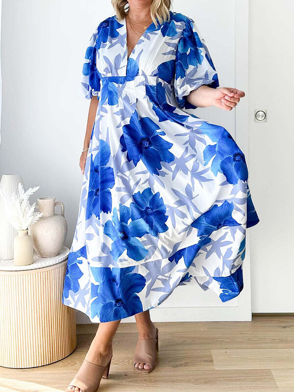 Floral print Puff μανίκι V λαιμόκοψη Casual μάξι καλοκαιρινό φόρεμα