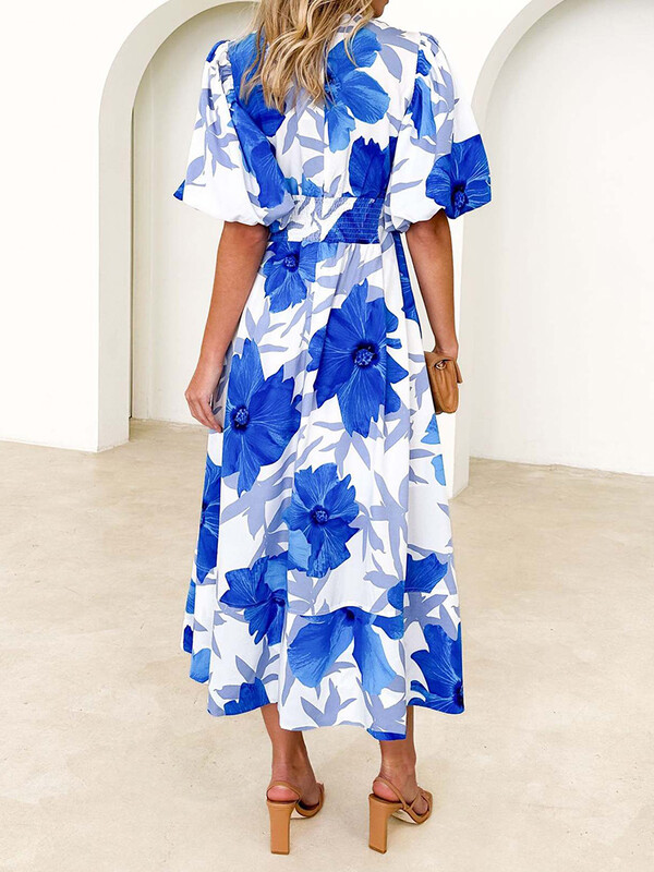 Floral print Puff μανίκι V λαιμόκοψη Casual μάξι καλοκαιρινό φόρεμα