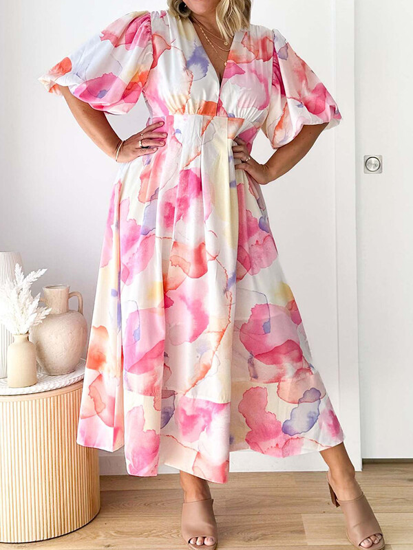 Floral print Puff μανίκι V λαιμόκοψη Casual μάξι καλοκαιρινό φόρεμα