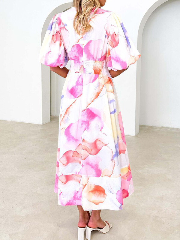 Floral print Puff μανίκι V λαιμόκοψη Casual μάξι καλοκαιρινό φόρεμα